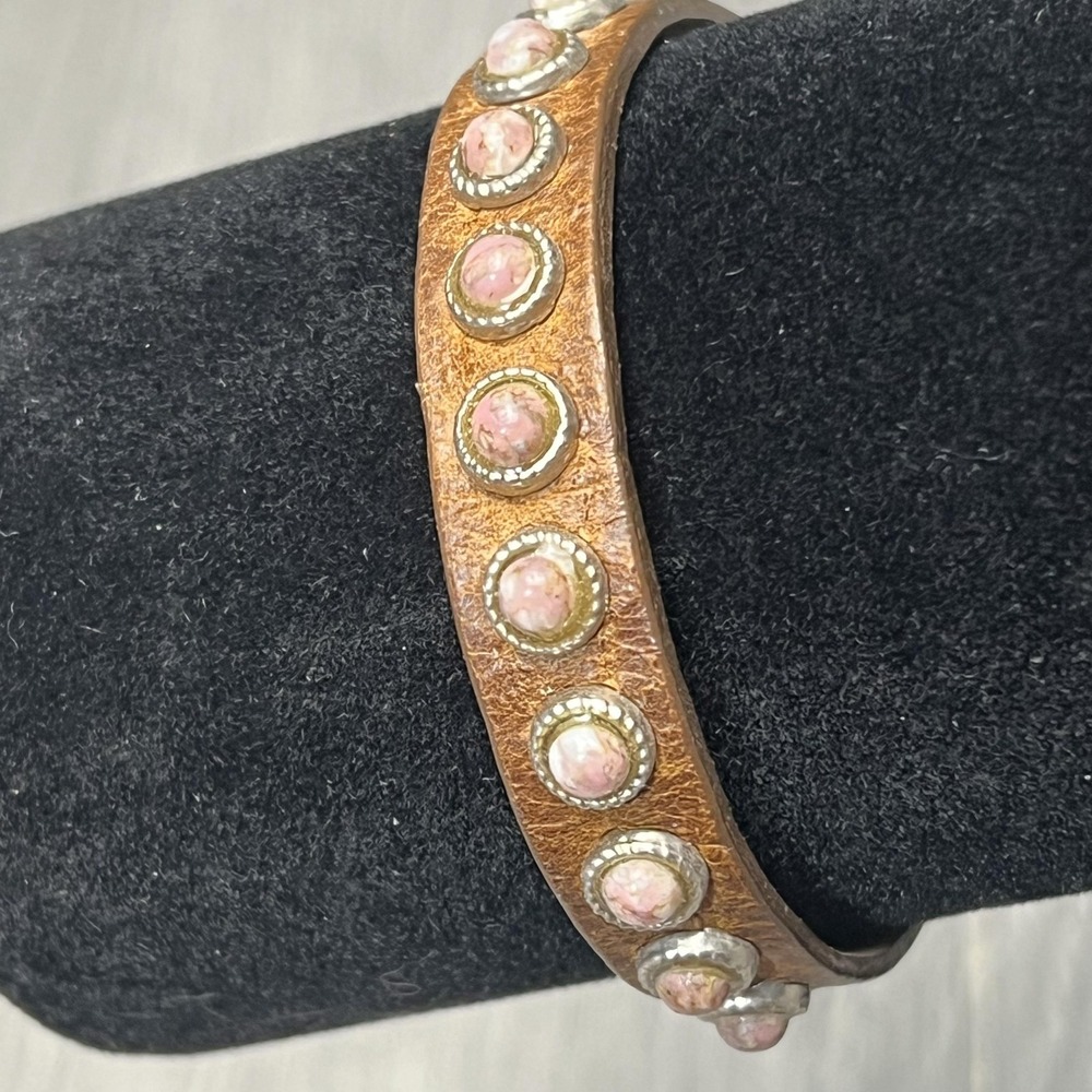 Streets Ahead Leather Studded Cuff Bracelet Pink Stone Boho Adjustable - Picture 2 of 5